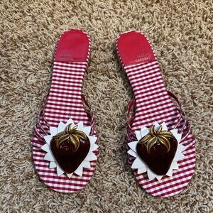 Jeffrey Campbell Red Gingham Strawberry Daisy Flat‎ Sandals Slides Womens 8.5